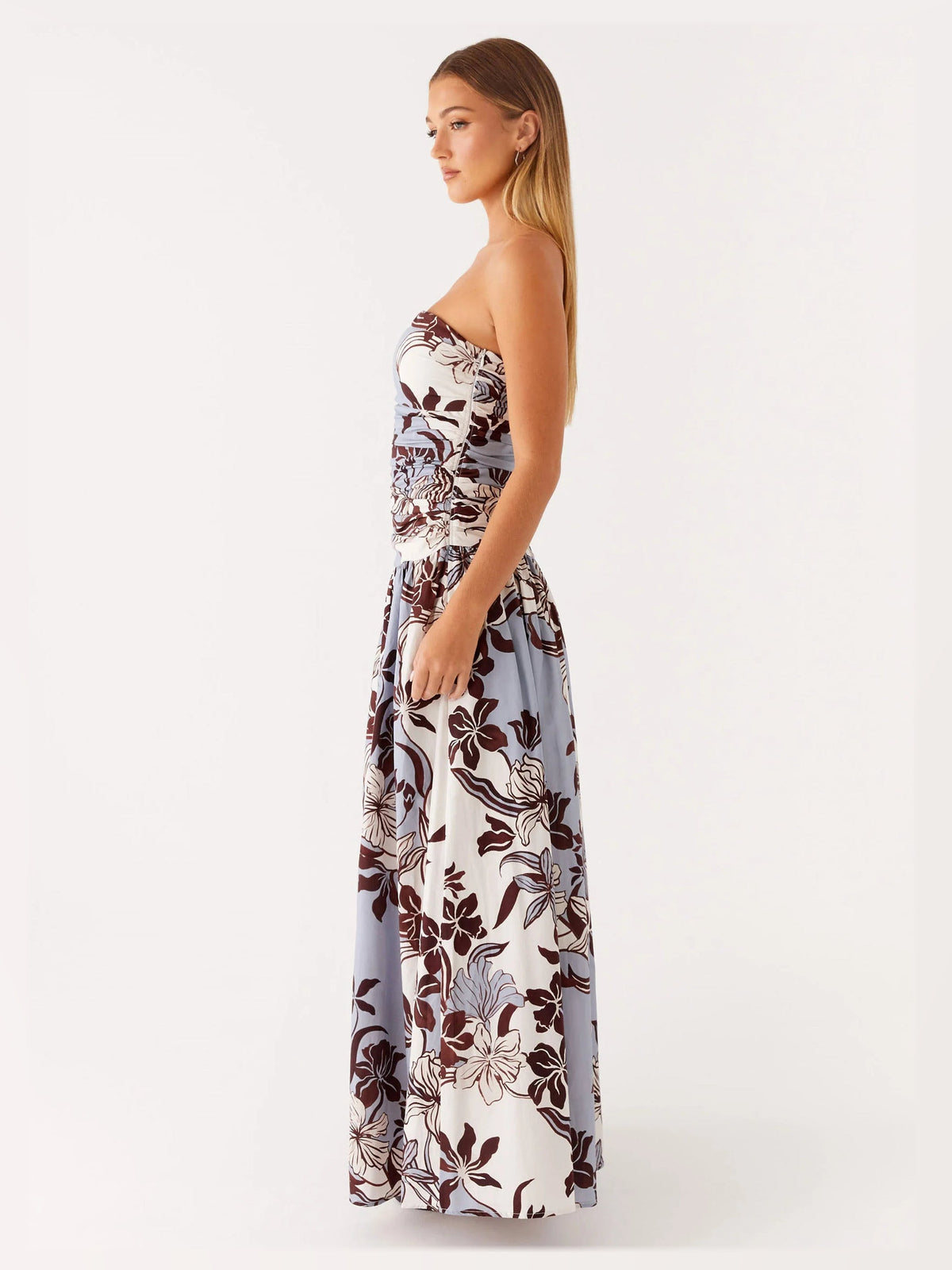 Light Blue Brown Floral Print maxi formal dress, alternate full-length view showing the waistline