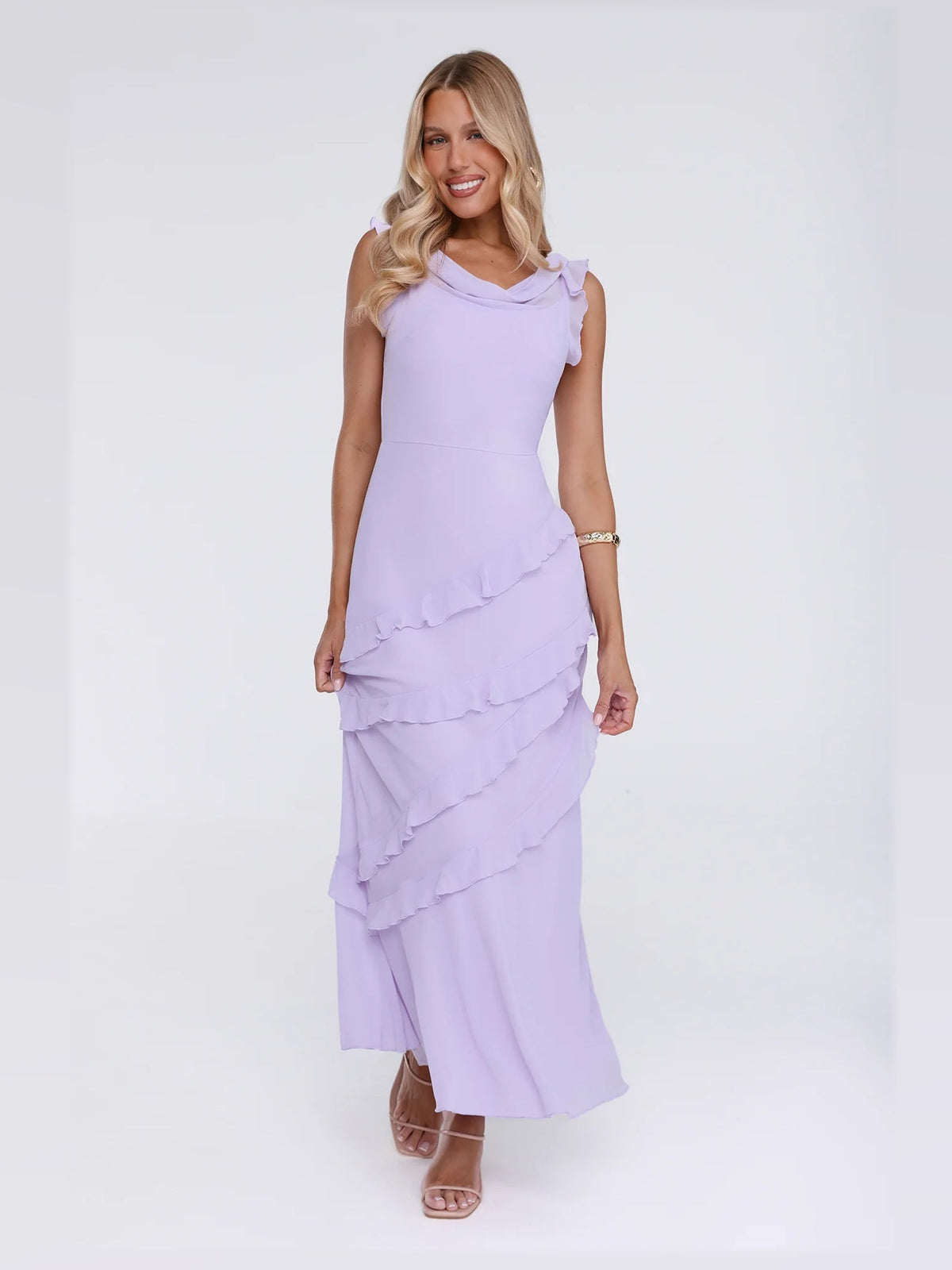 Lavender midi formal dress, alternate full-length view showing the waistline