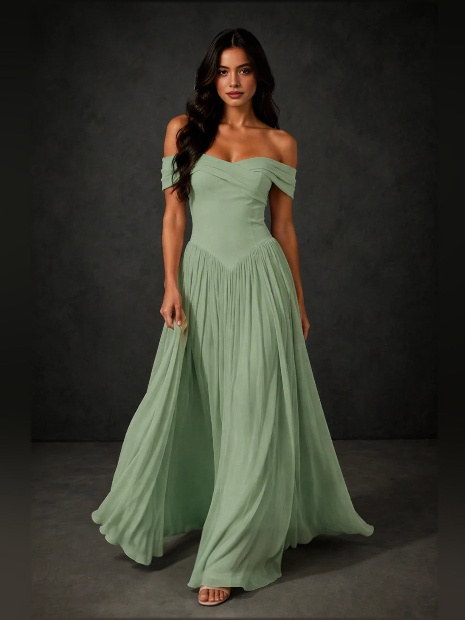 Sage green off-shoulder draped corset A-line bridesmaid dress, full length