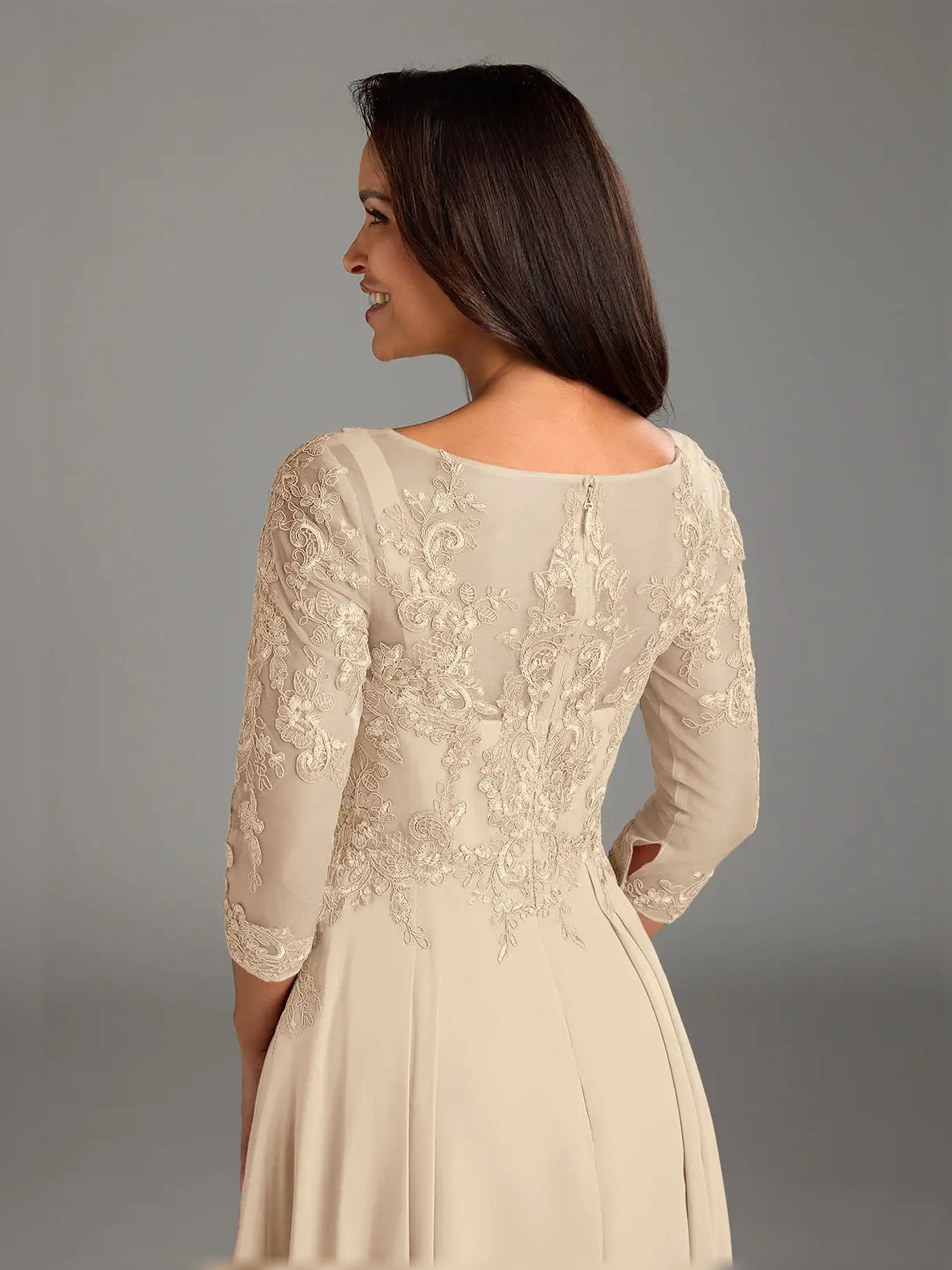 Women’s champagne midi chiffon dress, detailed back with lace embroidery and pleated skirt