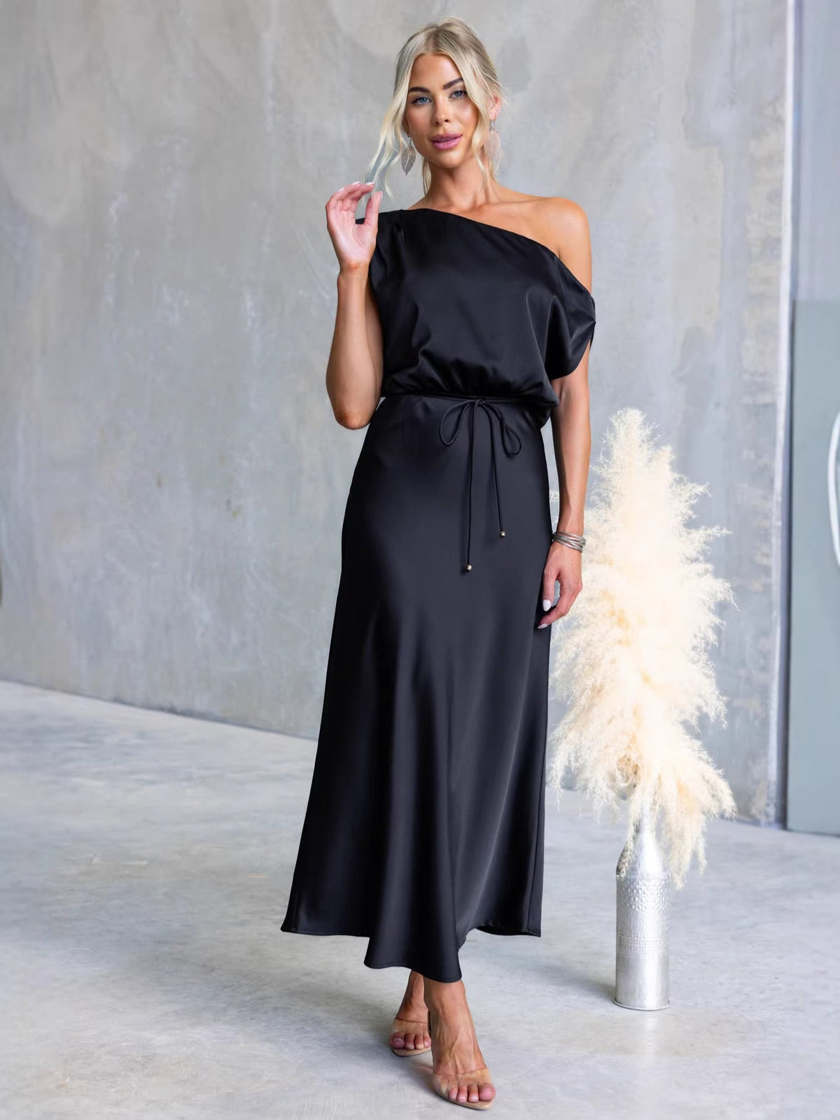 Black sheath maxi formal dress with draping, alternate full-length view