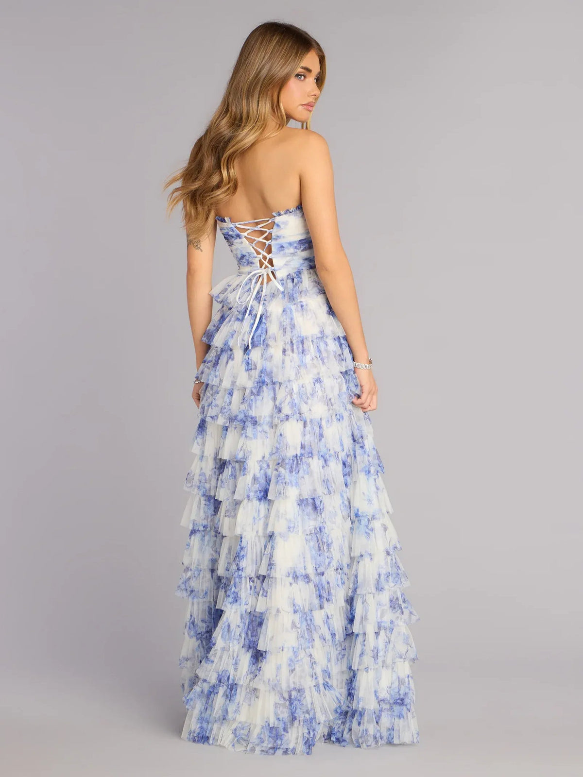 Light blue and white floral strapless maxi tulle dress with crisscross lace-up back