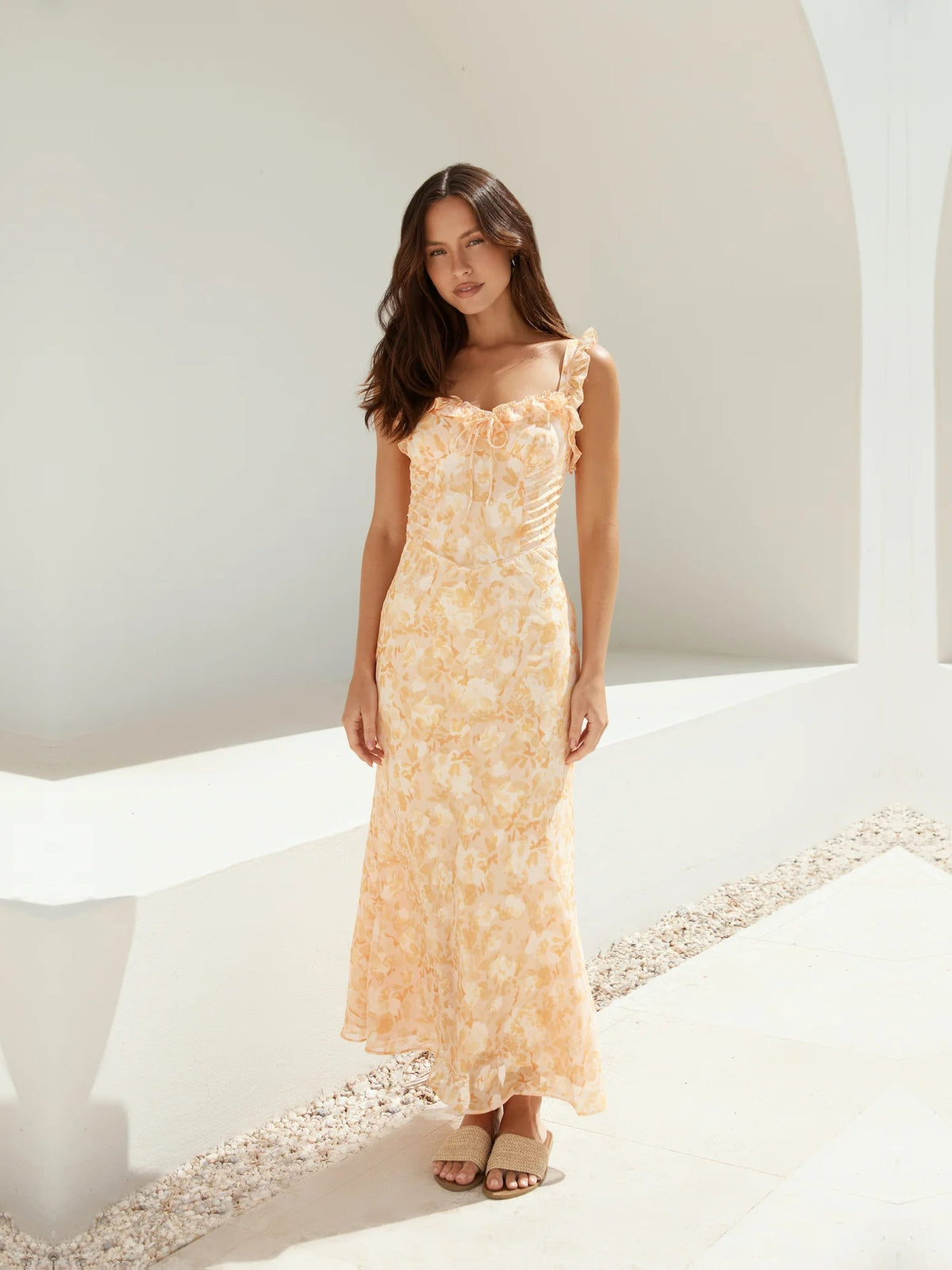 Orange sheath maxi formal dress with floral print, alternate view