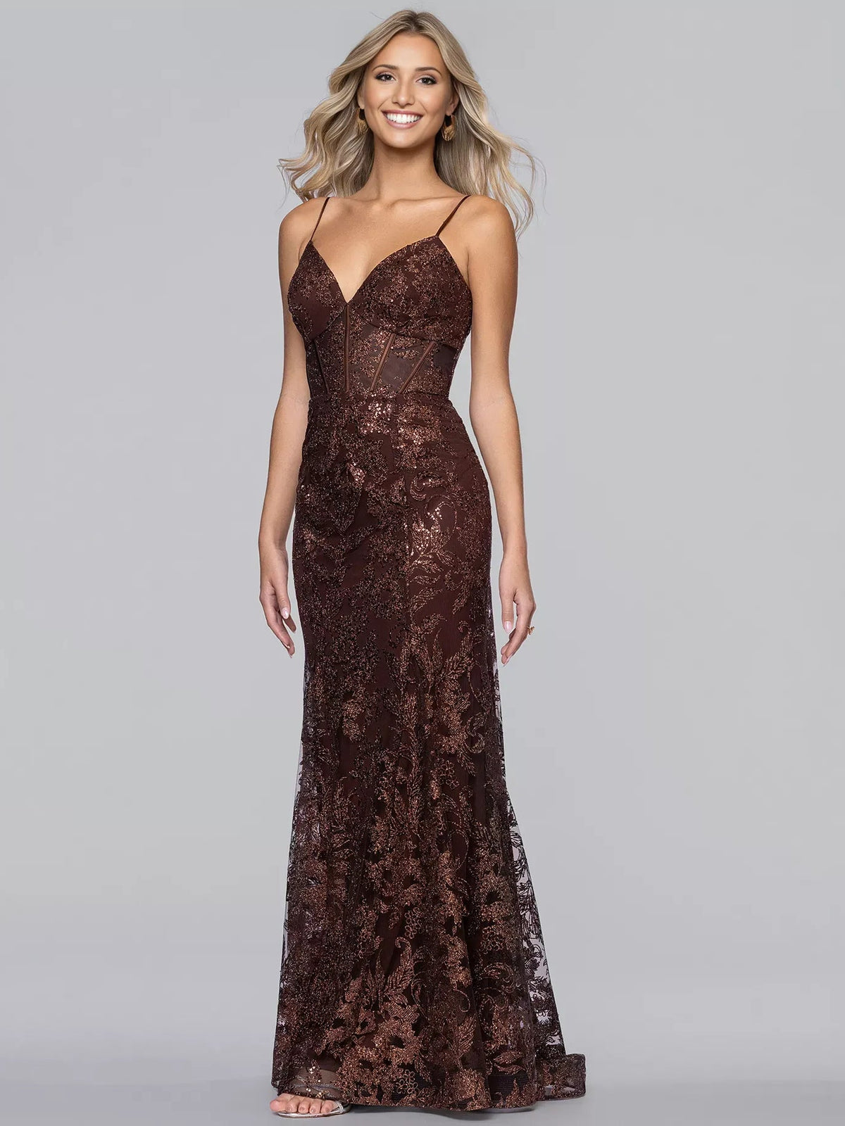 Chocolate sequin formal gown with floral print, V-neck spaghetti straps