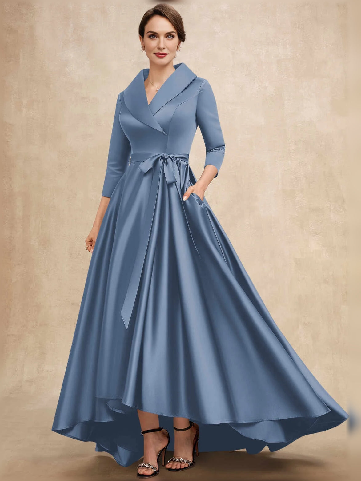 Dusty blue satin A-line mother-of-the-bride dress, bow V-neck, high-low hem, 3/4 sleeves