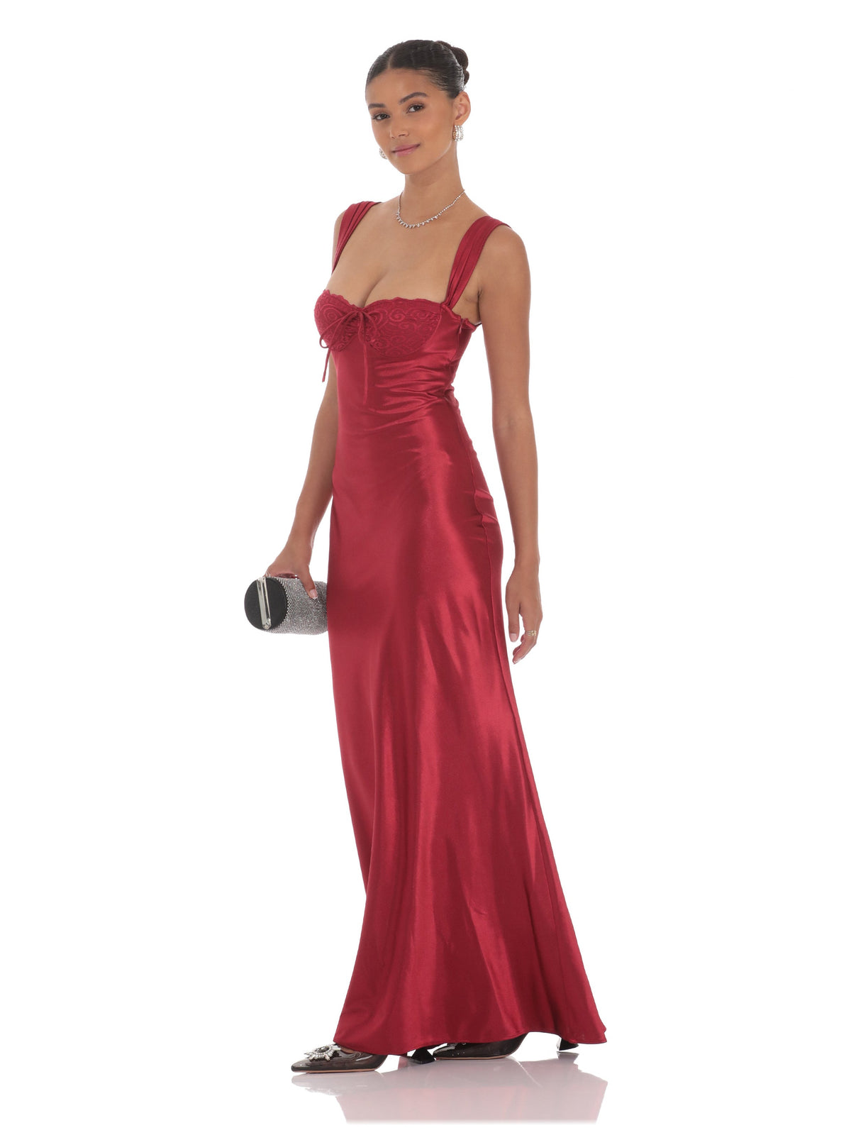 Red satin A-line maxi dress with corset-style ruched bodice and lace trim