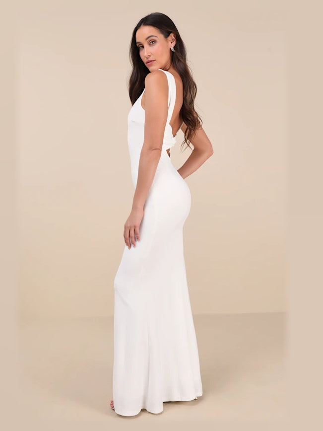 Ivory formal dress with structured woven fabric construction and maxi hem
