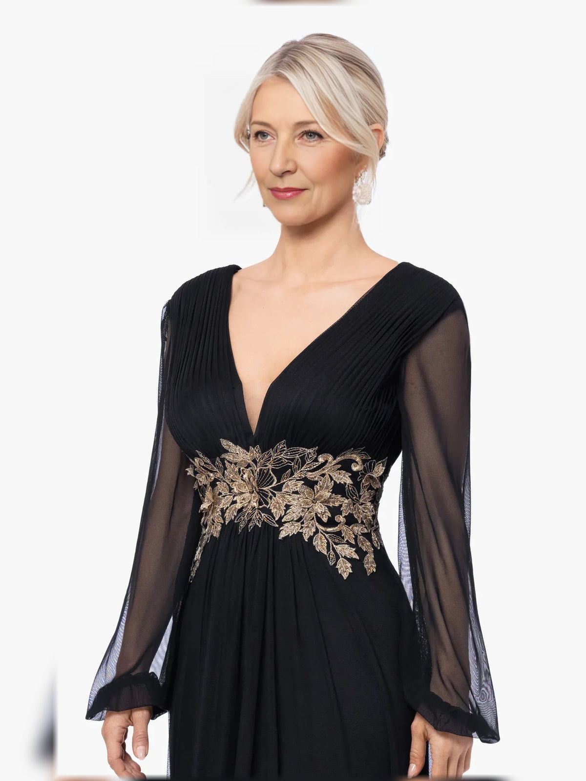 Black V-neck embroidered bodice maxi dress with long sheer sleeves