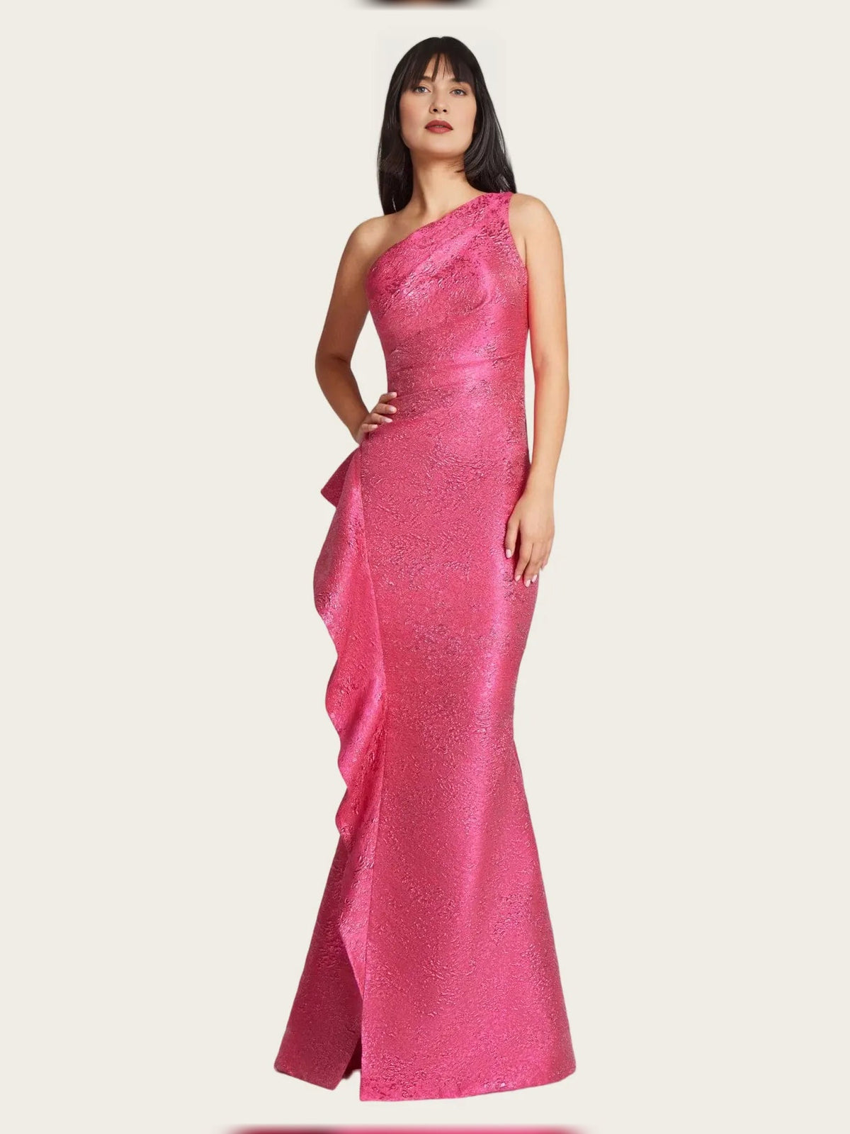 Pink glittery one-shoulder mermaid maxi dress with ruffled side slit and drape
