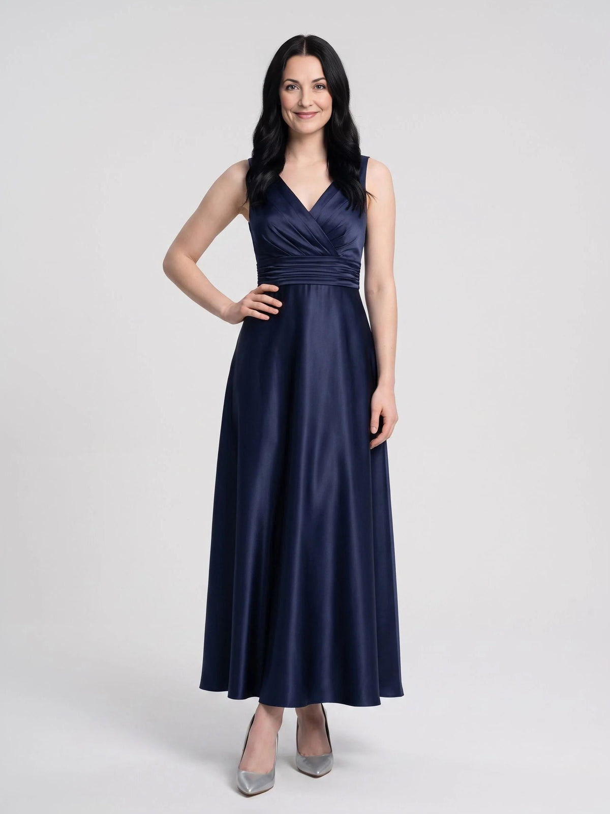 Dark blue satin sleeveless V-neck ruched A-line floor-length dress, front full view