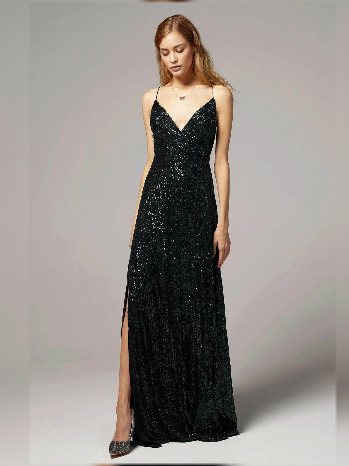 Black sequin V-neck sheath formal dress with spaghetti straps and front slit, floor length