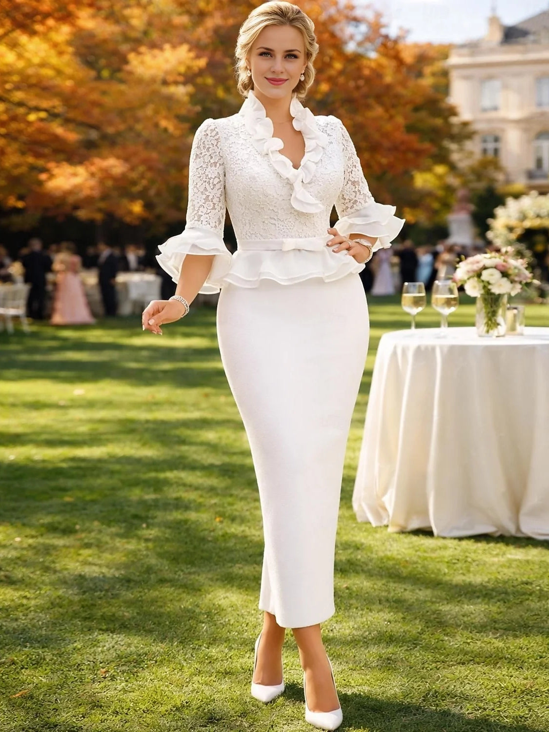 Ivory off-shoulder midi sheath dress with floral lace bodice, layered ruffle, and slit