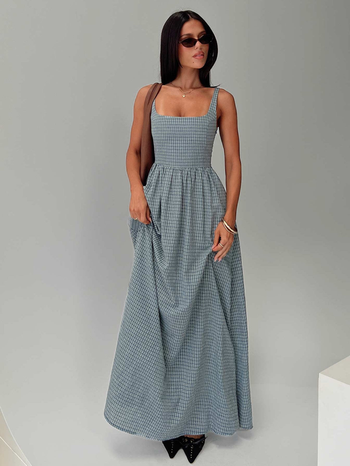 Navy a-line maxi formal dress with printed pattern, alternate full-length view