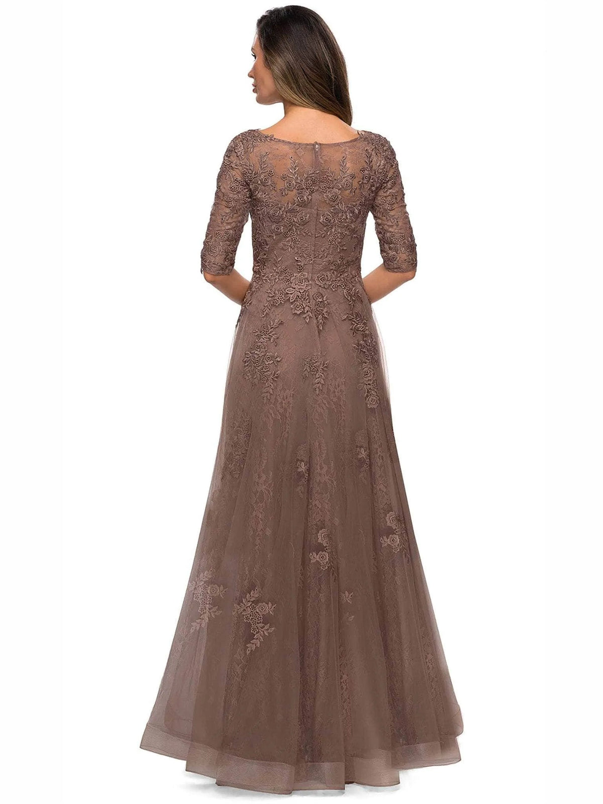 Taupe embroidered floral A-line mother of the bride tulle dress with lace back detail
