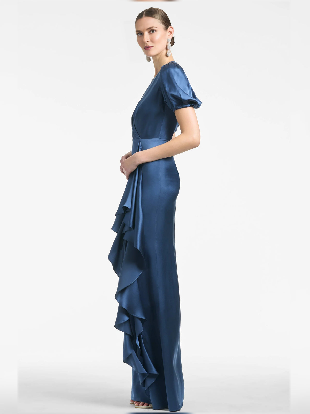 Blue V-neck puff-sleeve ruffle maxi formal dress with layered ruffle detail