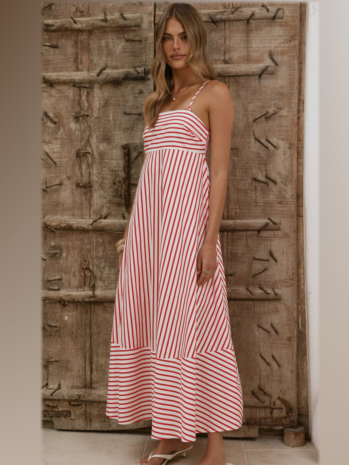 Red White Stripe maxi formal dress, alternate full-length view showing the waistline