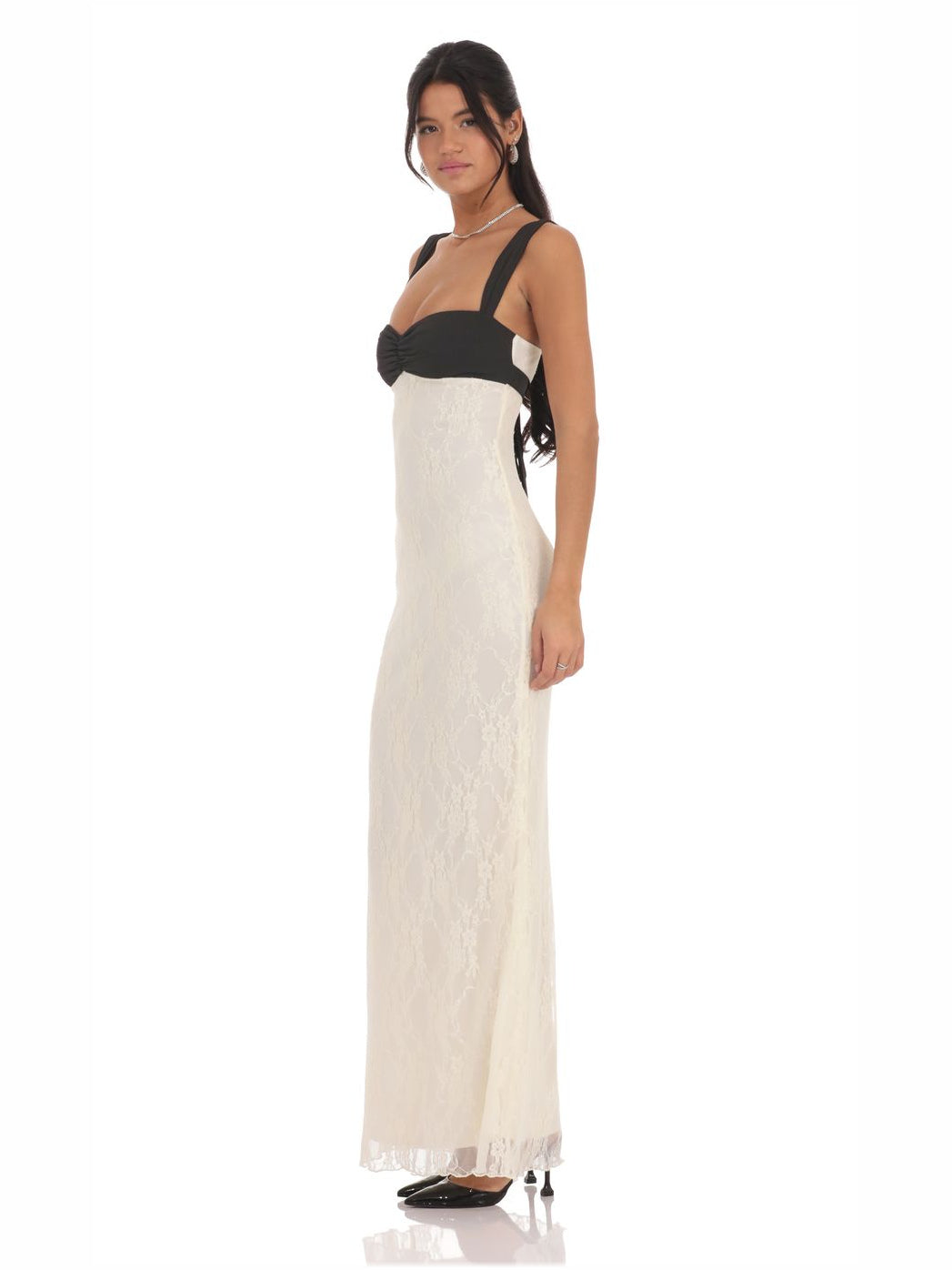 Cream sheath maxi formal dress with bow detail, alternate view