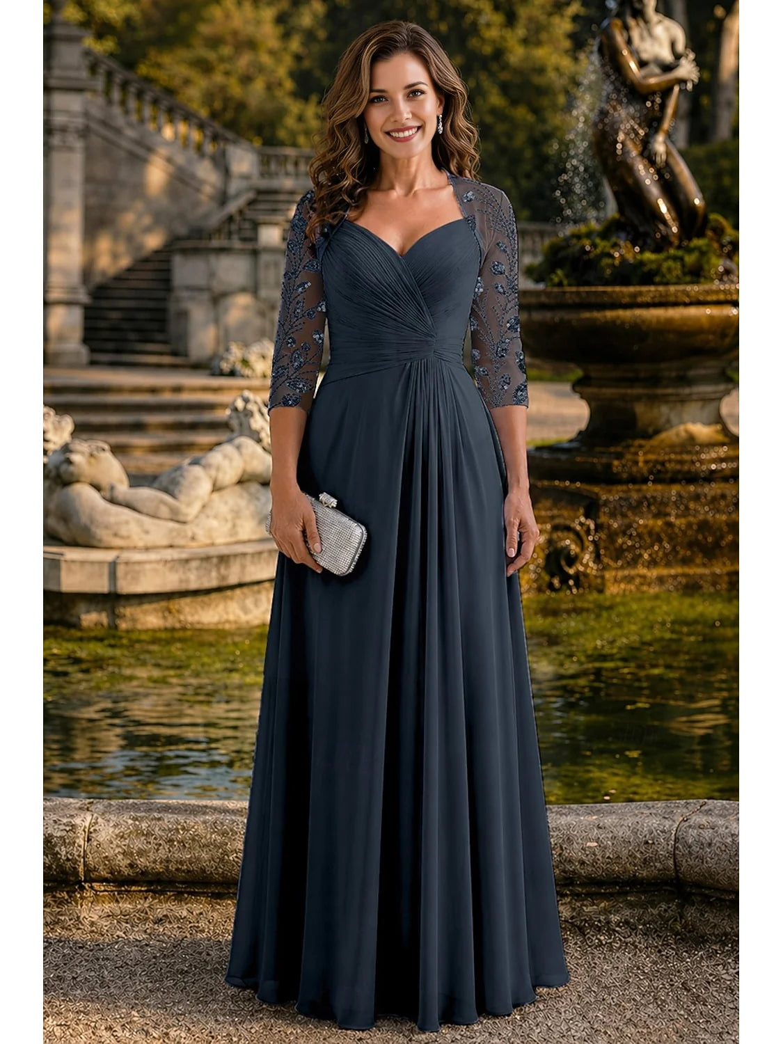 Dark navy chiffon A-line dress with sweetheart neckline, ruched bodice, beaded lace sleeves