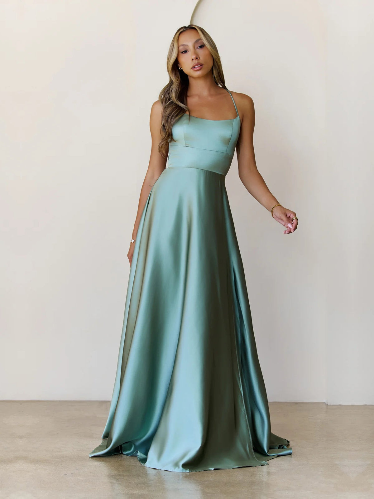 Sage a-line maxi formal dress with skirt slit, alternate view