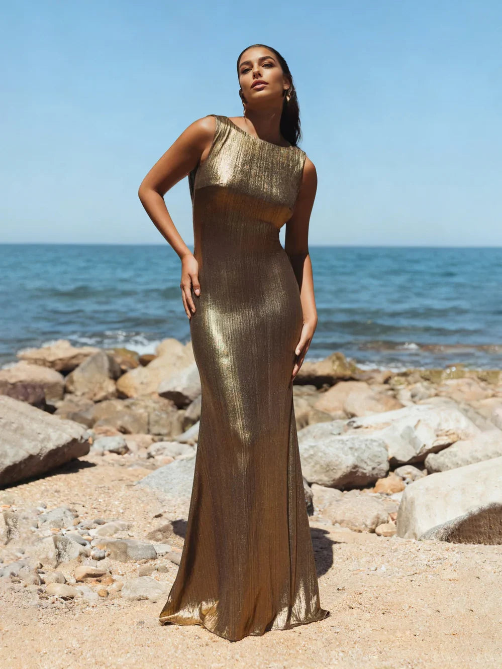 Gold sleeveless mermaid floor-length formal dress with high-shine metallic finish