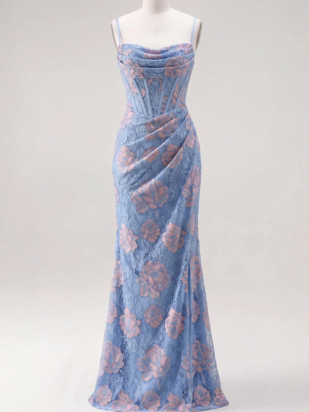 Blue floral corset-style formal maxi dress with spaghetti straps and draped bodice