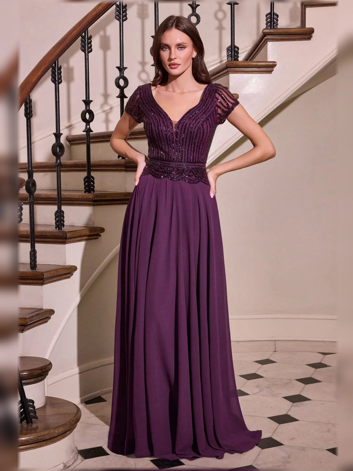 Deep purple V-neck A-line chiffon gown with beaded bodice and cap sleeves