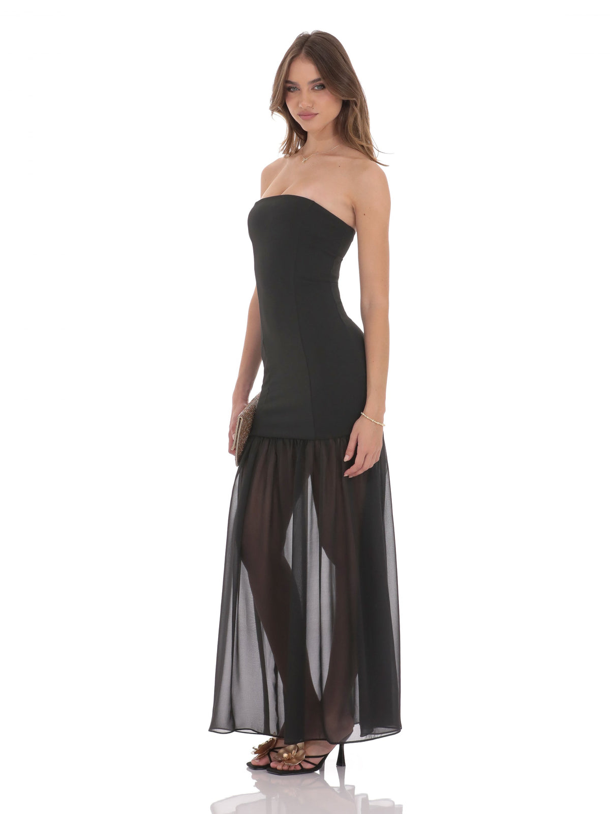 Black bridesmaid dress with chiffon construction and maxi hem