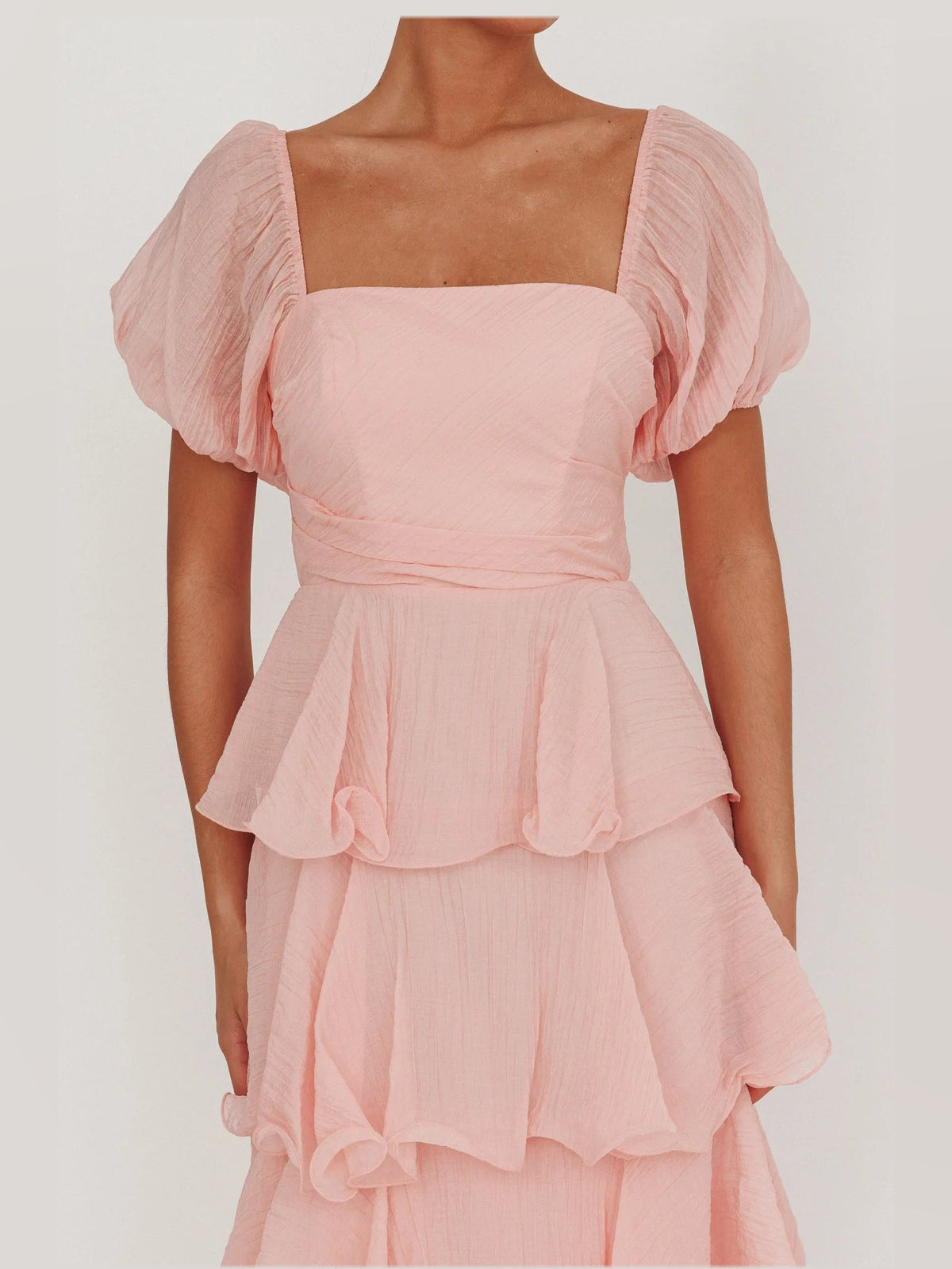 Baby Pink a-line midi formal dress with tiered skirt, alternate full-length view