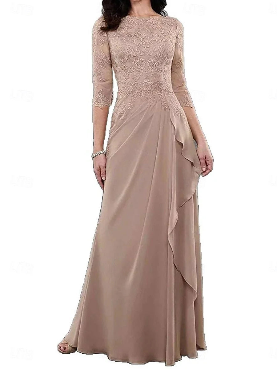 Taupe A-line floor-length dress with lace bateau neckline and cascading ruffle waist