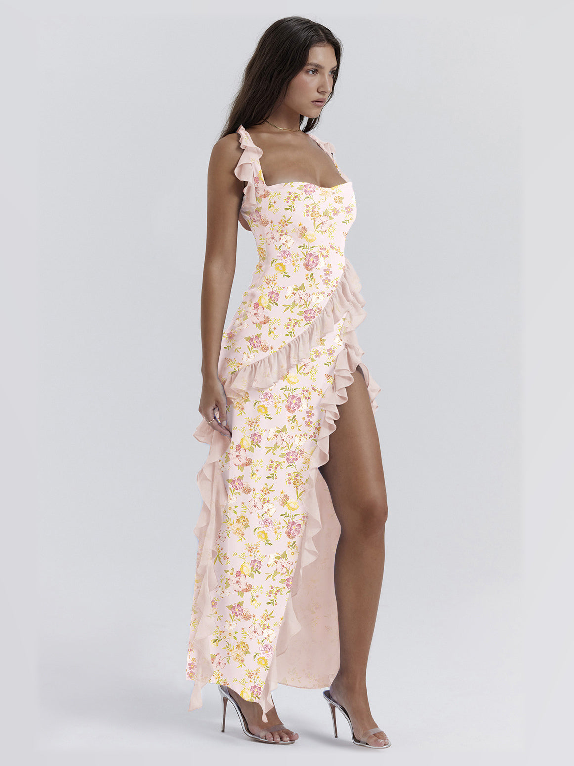 Pink maxi formal dress, alternate full-length view showing the waistline