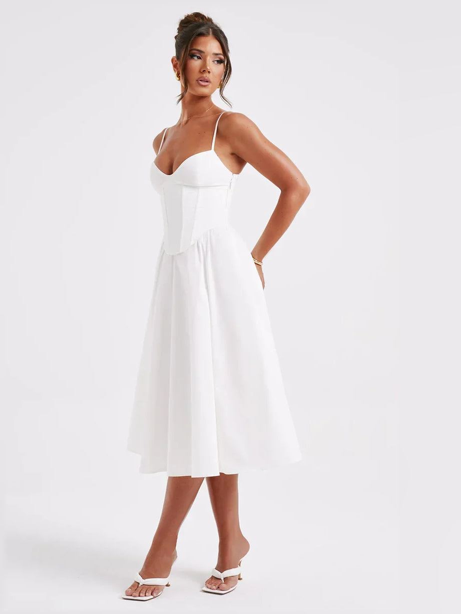 White sweetheart corset A-line tea-length formal dress with thin straps and fitted bodice