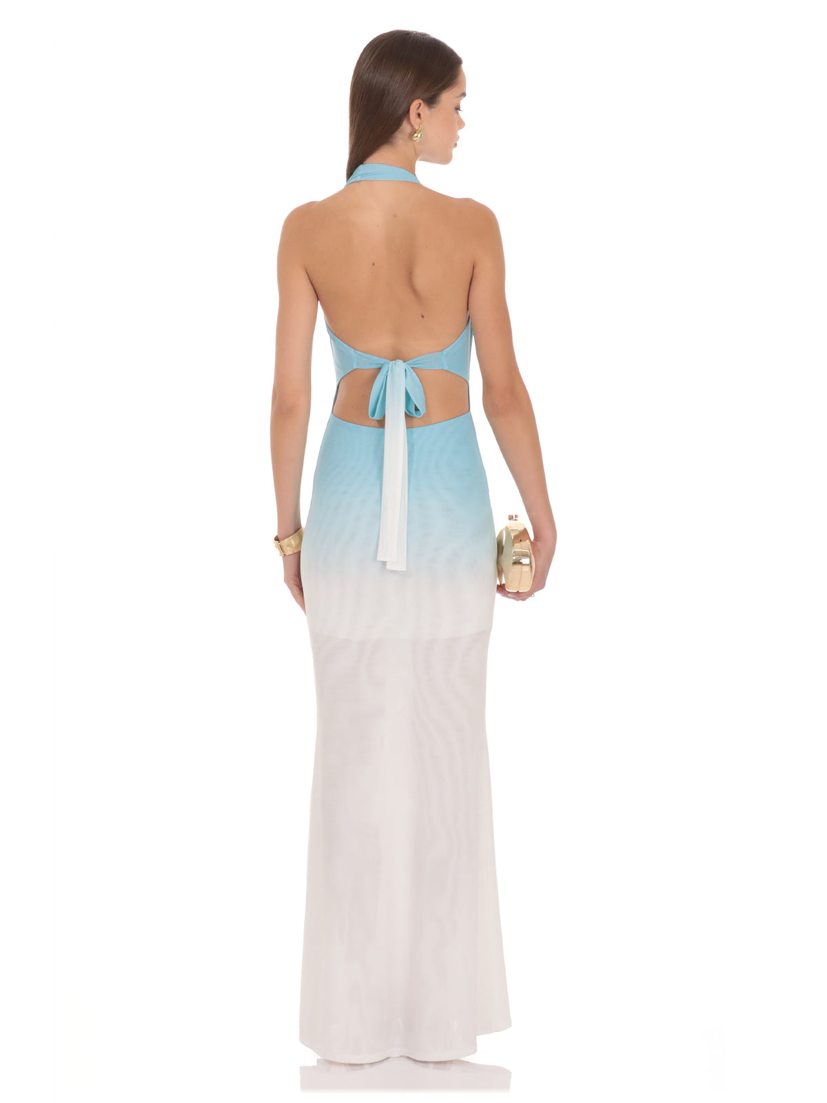 Blue And White bridesmaid dress with structured woven fabric construction and maxi hem