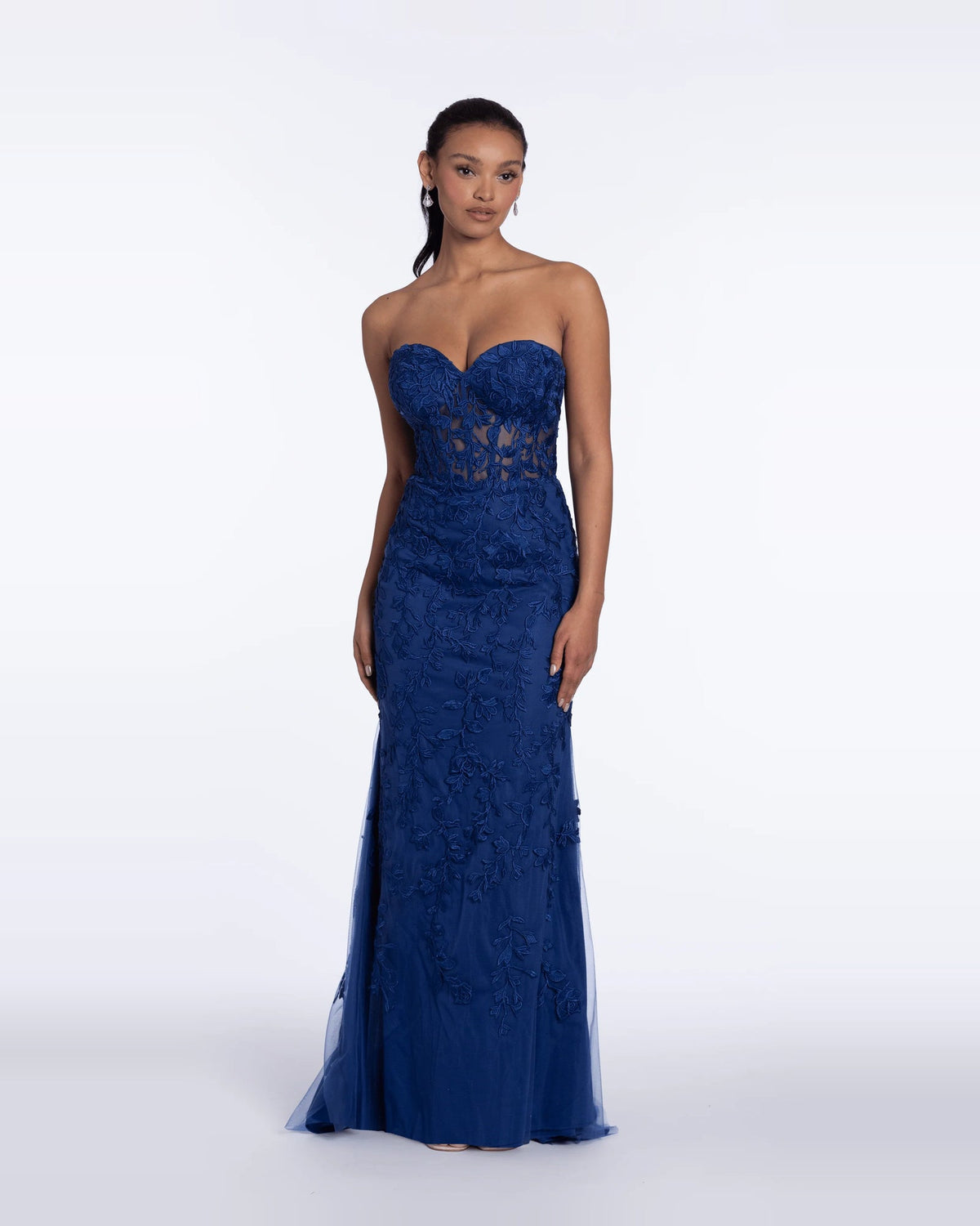 Navy strapless embroidered column maxi prom dress with sweetheart neckline and fitted bodice.