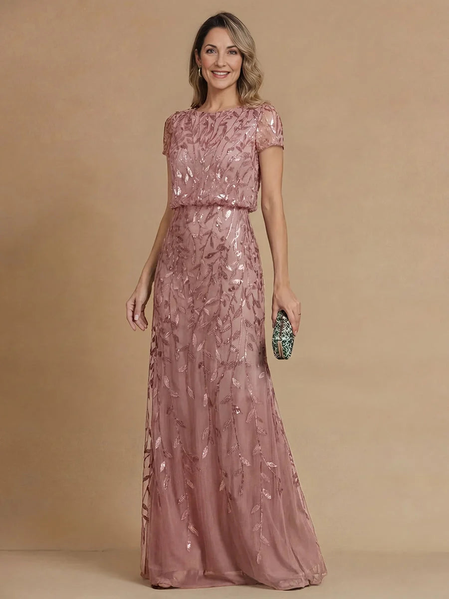 Dusty rose embroidered mermaid mother-of-the-bride dress, cap sleeves, full length