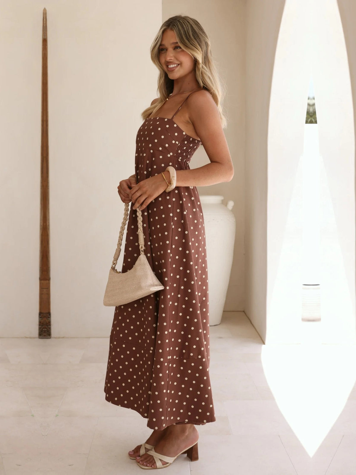 Chocolate Cream Polka Dot a-line maxi formal dress with printed pattern, alternate view