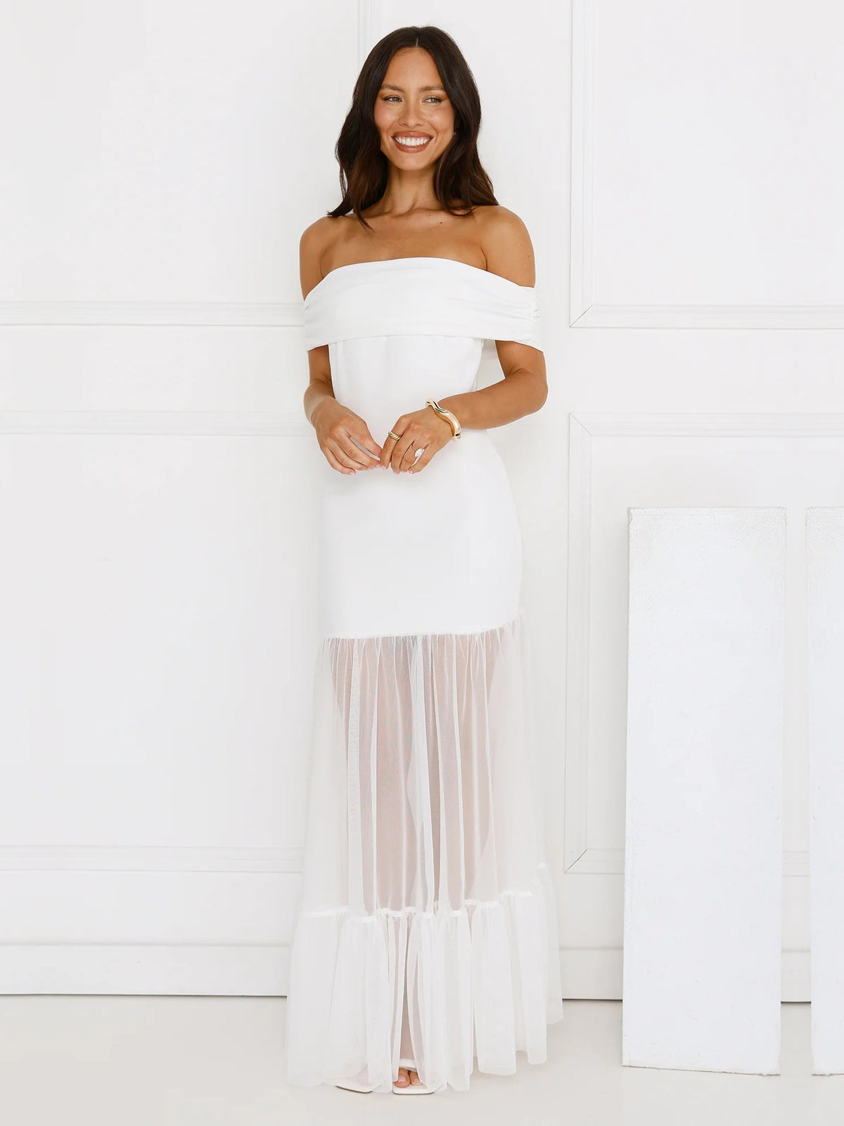 White sheath maxi formal dress with off-the-shoulder neckline, alternate view