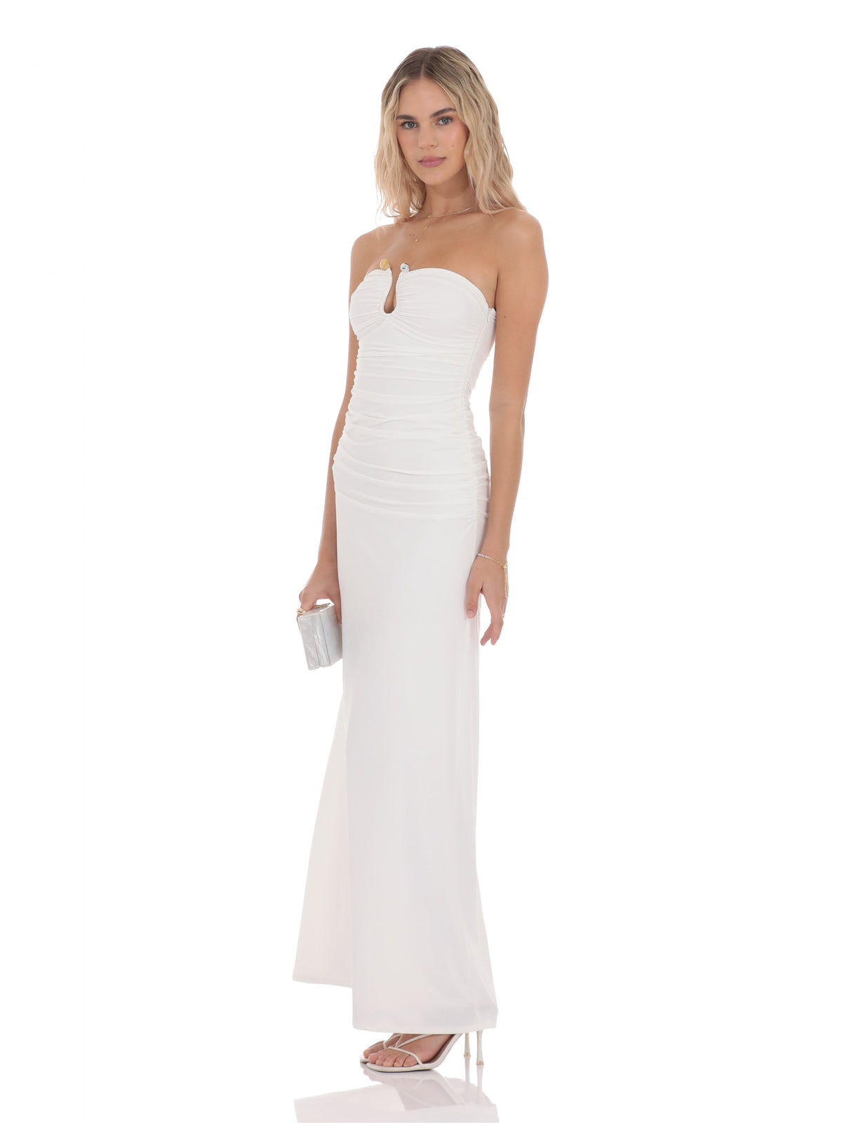 White bridesmaid dress with structured woven fabric construction and maxi hem
