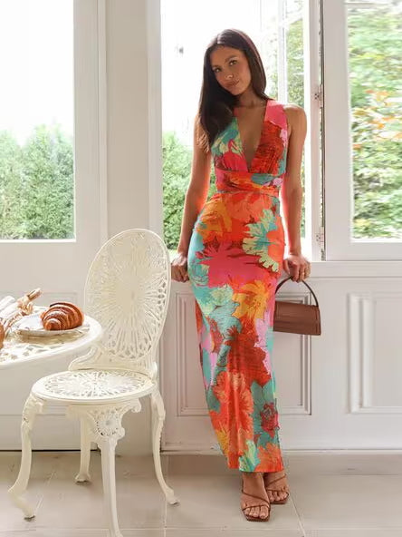 Orange Pink Floral Print sheath maxi formal dress with V-neckline, alternate full-length view