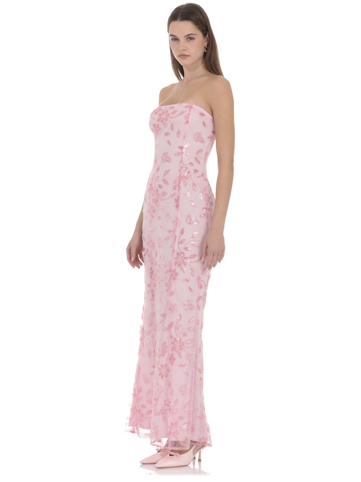 Pink bridesmaid dress with mesh construction and maxi hem