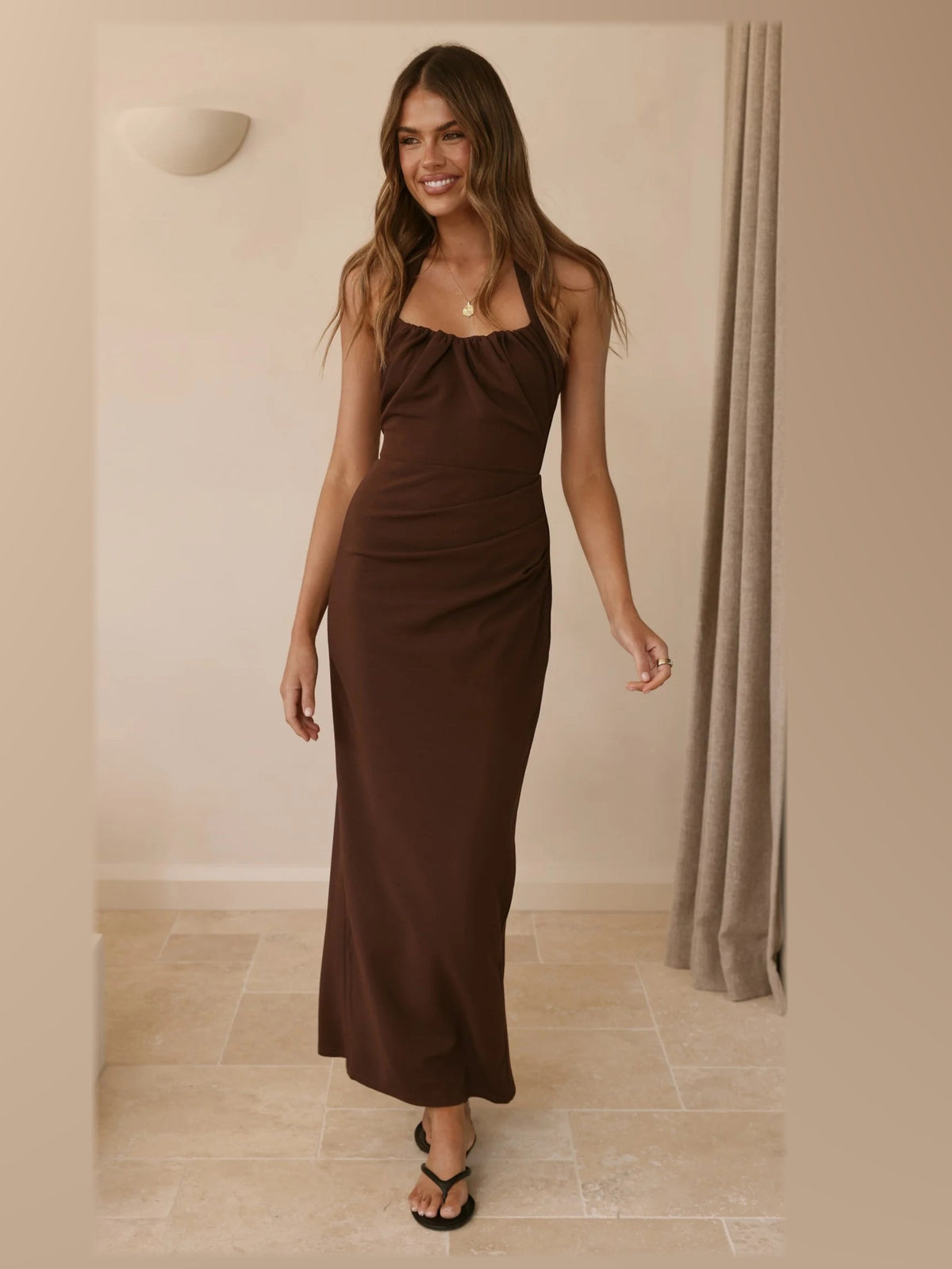 Chocolate maxi formal dress, alternate full-length view showing the waistline