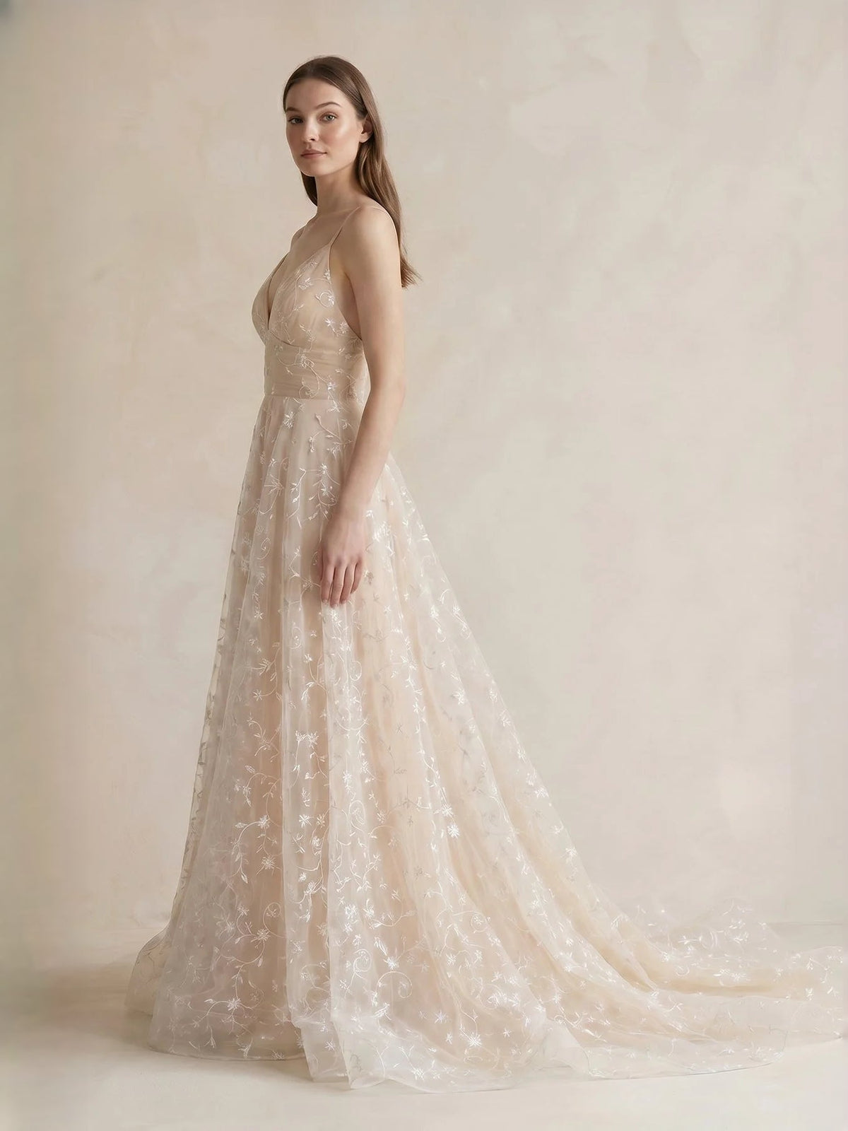 Champagne tulle V-neck A-line dress with ruched bodice and allover floral appliques