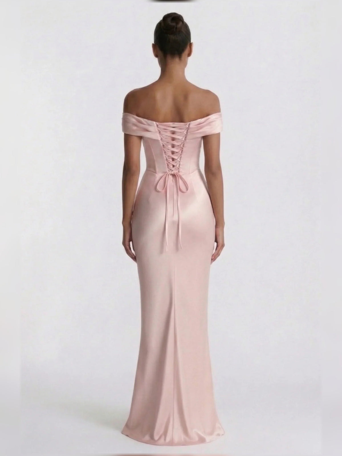 Back view of off-shoulder satin corset formal dress, blush pink, floor-length length