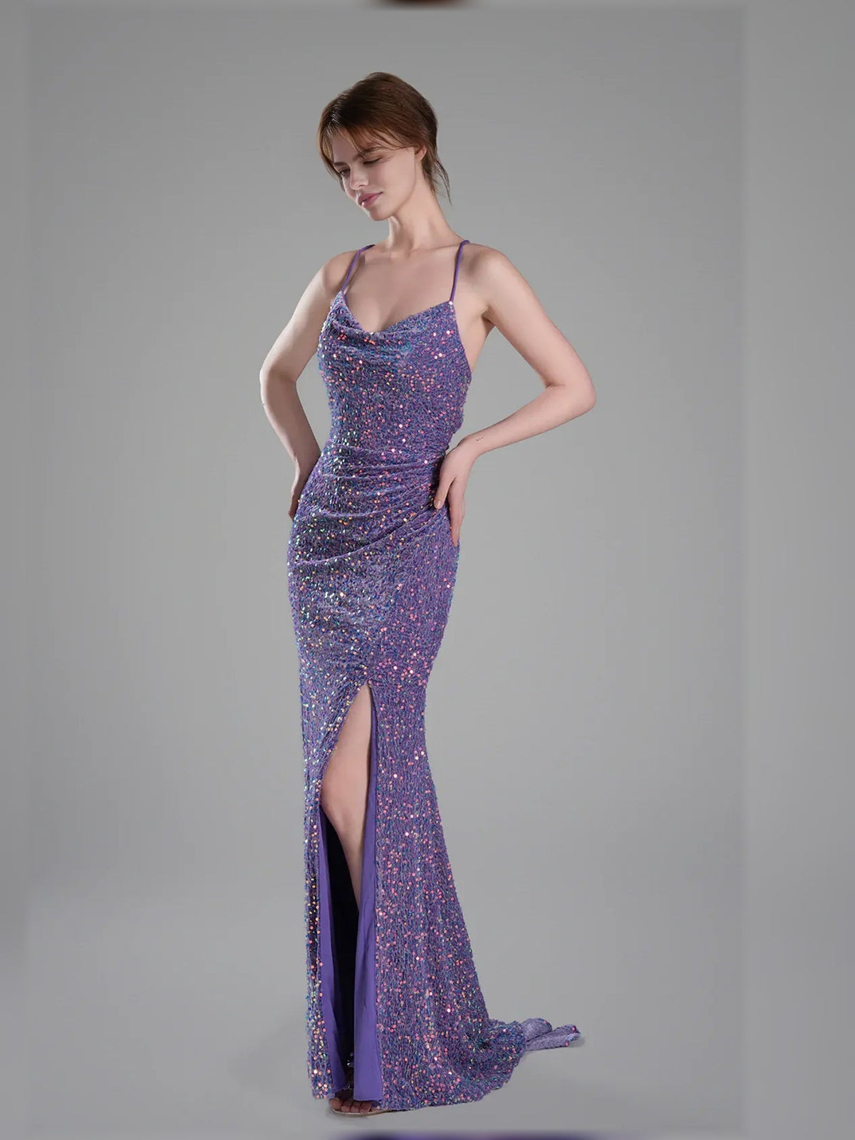 Lilac sequin floor-length formal dress with spaghetti straps and long side slit
