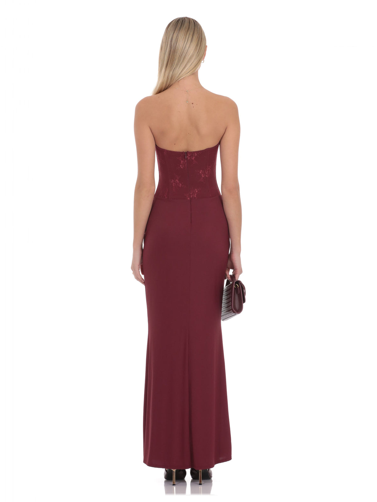 Burgundy bridesmaid dress with mesh construction and maxi hem