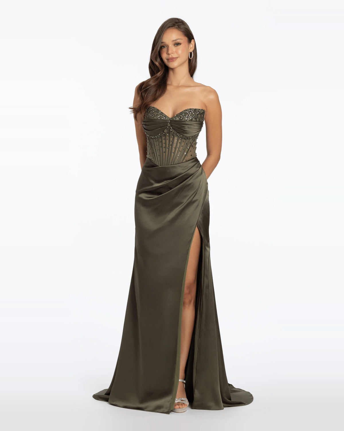 Green strapless sweetheart maxi prom dress with corset bodice and side slit