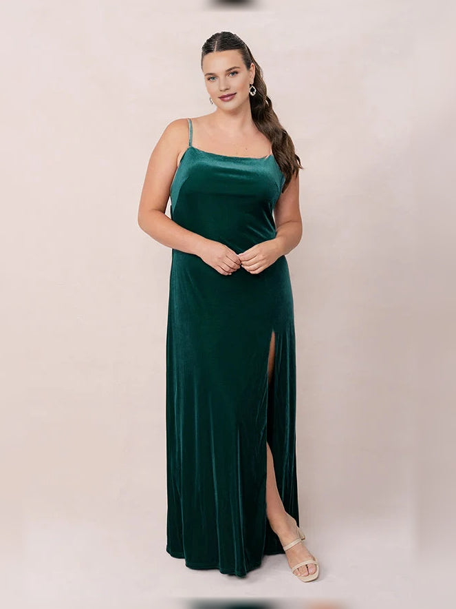 Peacock-green velvet bridesmaid dress with sleeveless scoop neck and front slit
