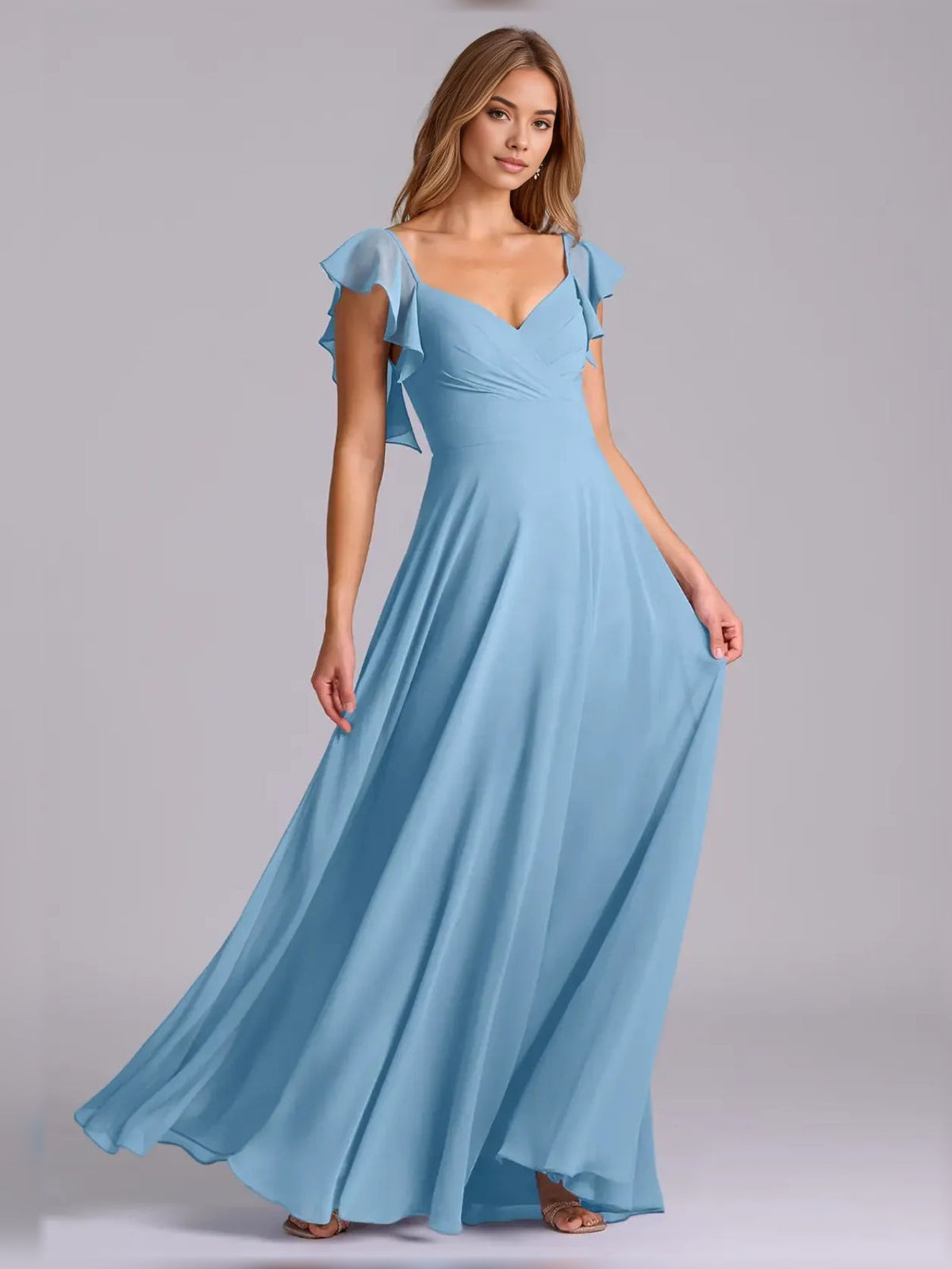 Blue pleated chiffon A-line maxi dress, V-neck with ruffled flutter sleeves