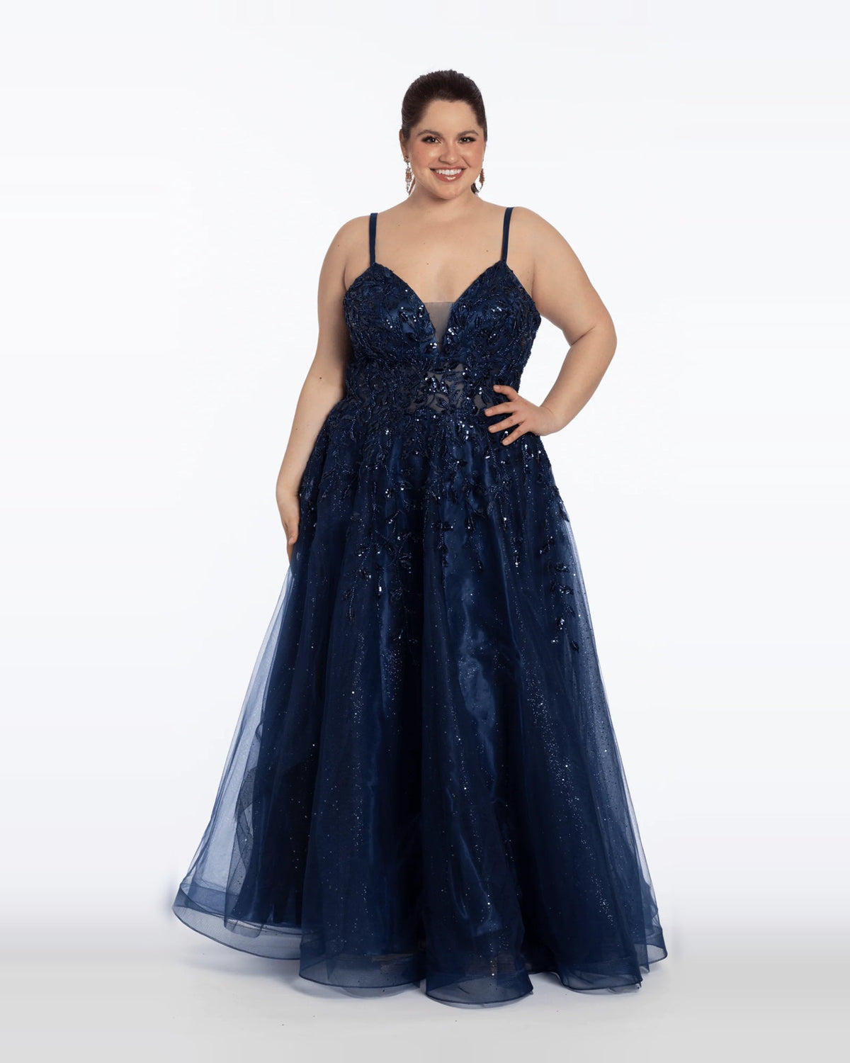 Navy sequin V-neck ball-gown prom dress with tiered tulle skirt