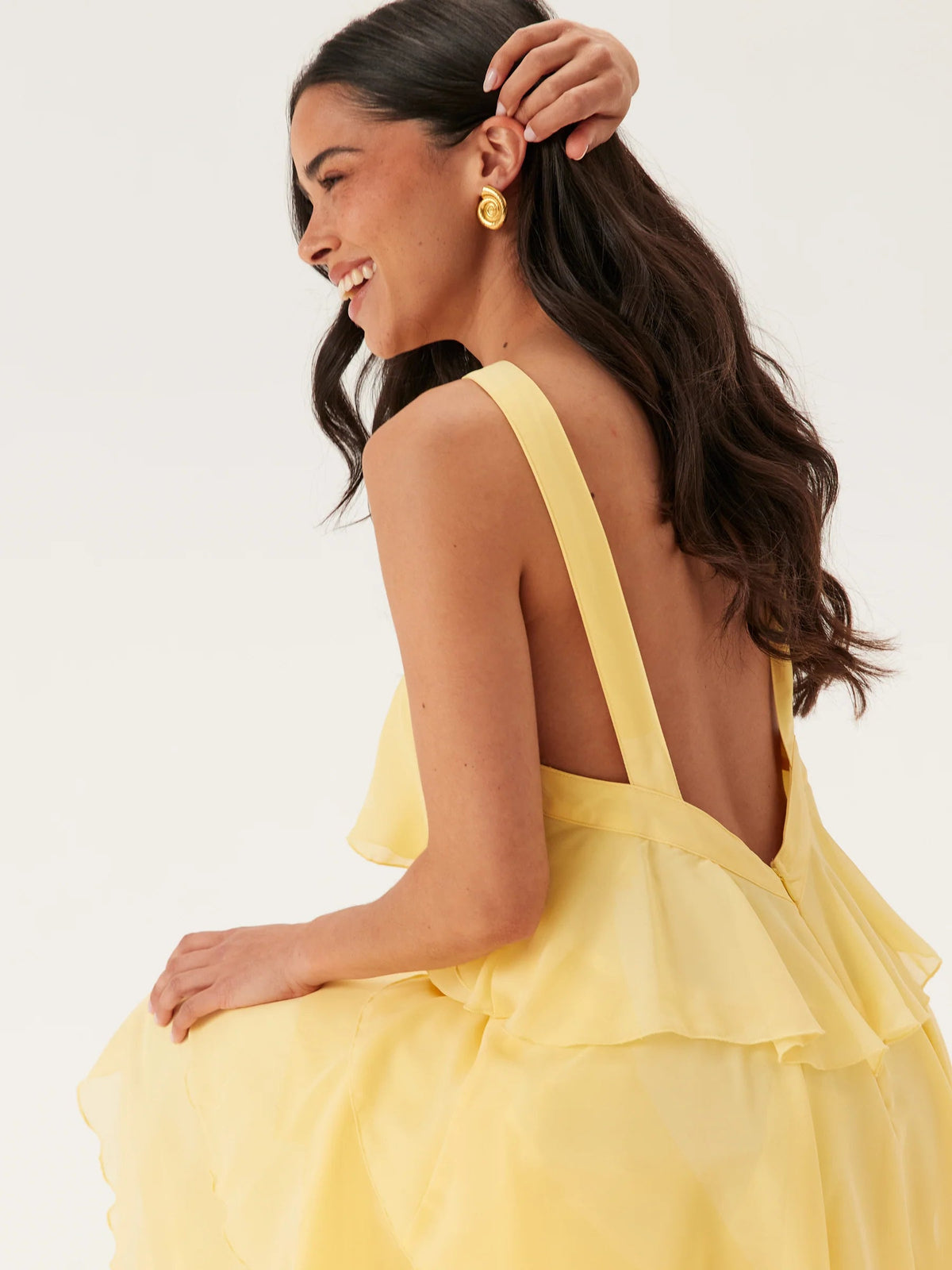Yellow a-line maxi formal dress with tiered skirt, alternate full-length view