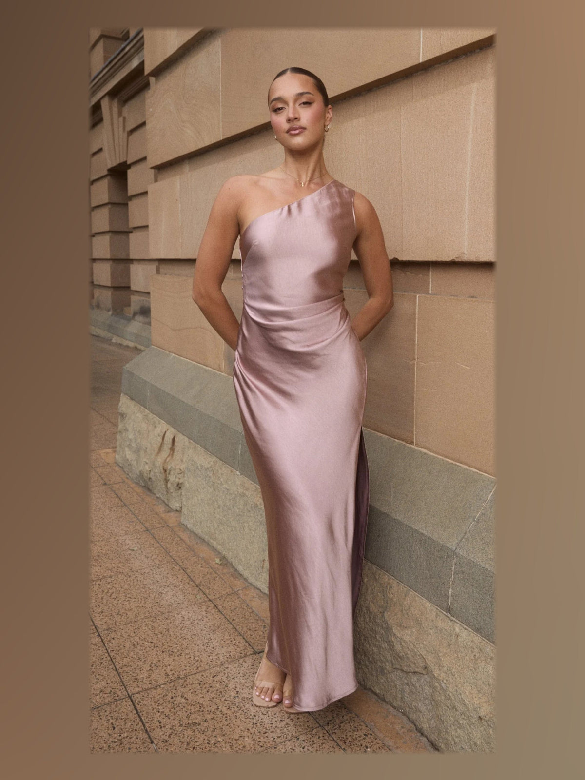 Dusty Pink maxi formal dress, alternate full-length view showing the waistline